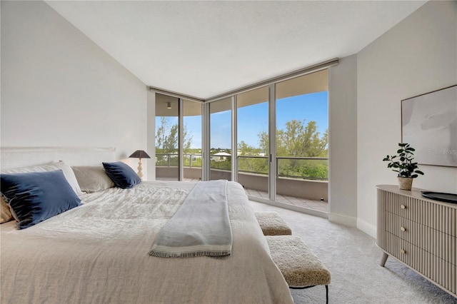 carpeted bedroom with a wall of windows and access to exterior