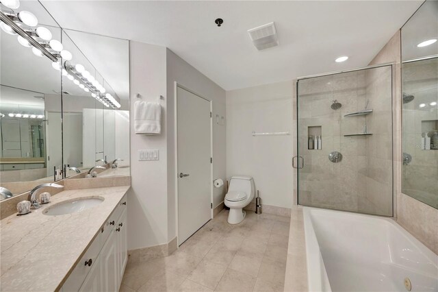 full bathroom with toilet, vanity, separate shower and tub, and tile patterned flooring