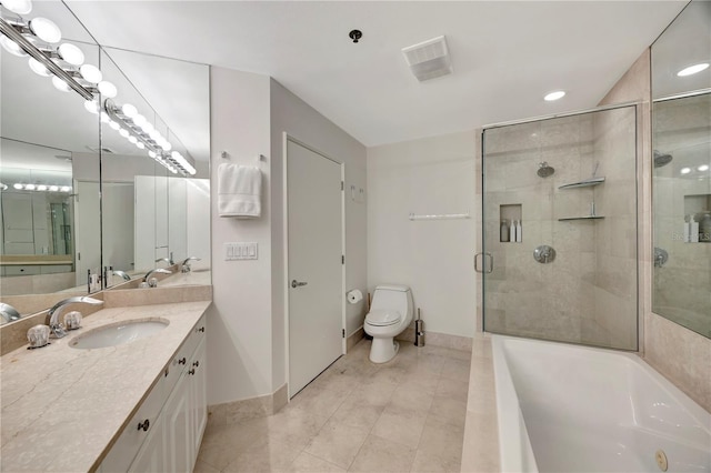 3080 Grand Bay Blvd Unit 532, Longboat Key, FL 34228 - bathroom with baseboards, a stall shower, tile patterned flooring, toilet, and vanity