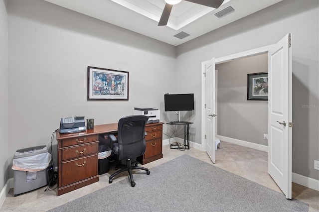 carpeted office with ceiling fan