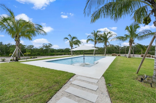 view of swimming pool with a yard