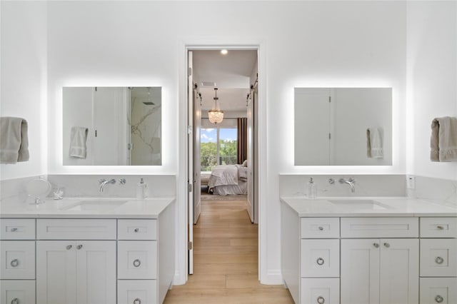 bathroom with a shower, vanity, and hardwood / wood-style flooring