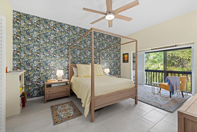 tiled bedroom featuring access to exterior and ceiling fan