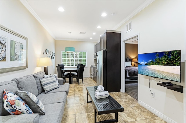 tiled living room with ornamental molding