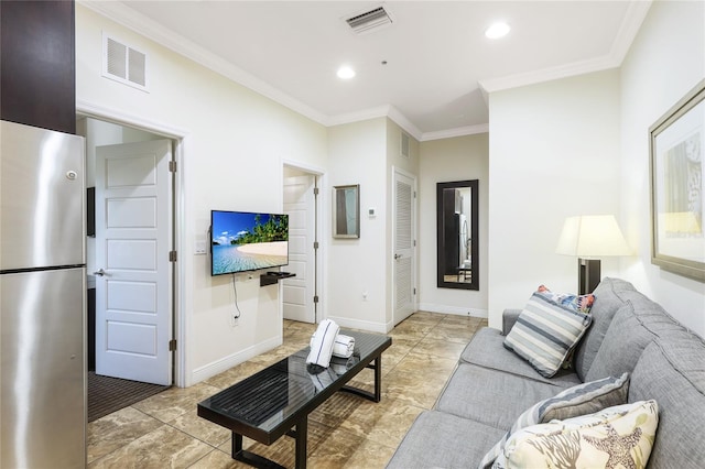 living room featuring crown molding