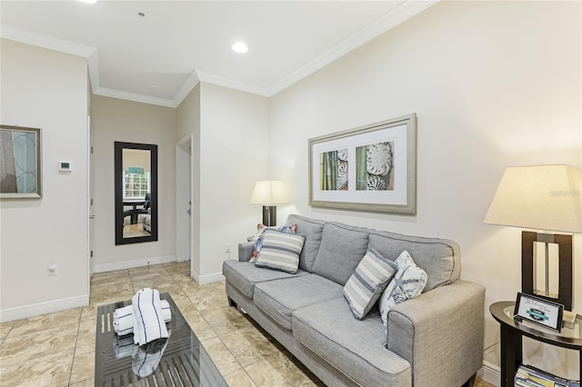 living room with crown molding