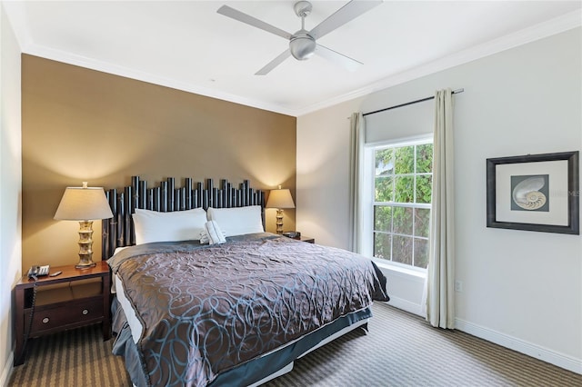 bedroom featuring crown molding, ceiling fan, and carpet floors