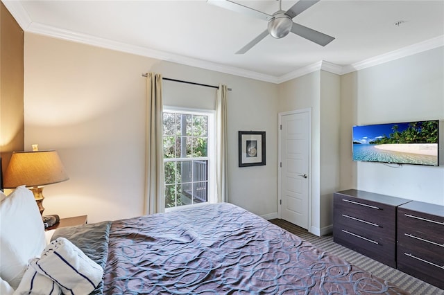 bedroom featuring ornamental molding and ceiling fan