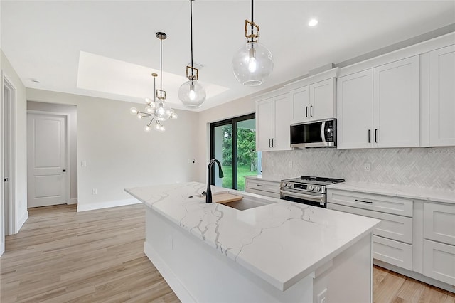 kitchen with a raised ceiling, appliances with stainless steel finishes, a sink, and decorative backsplash