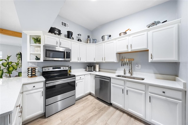 kitchen featuring light wood-type flooring, stainless steel appliances, white cabinetry, and sink