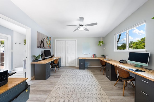 office featuring a healthy amount of sunlight, ceiling fan, and light hardwood / wood-style flooring