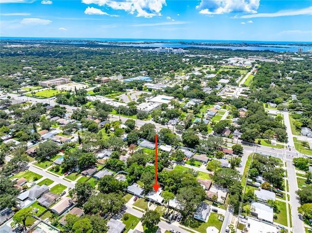 aerial view featuring a water view