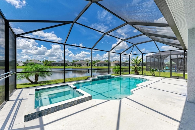 view of swimming pool with a water view, a lanai, an in ground hot tub, and a patio area