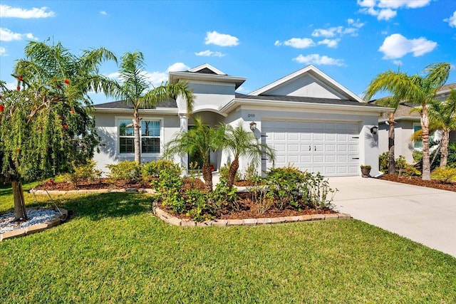 single story home with concrete driveway, a front yard, an attached garage, and stucco siding