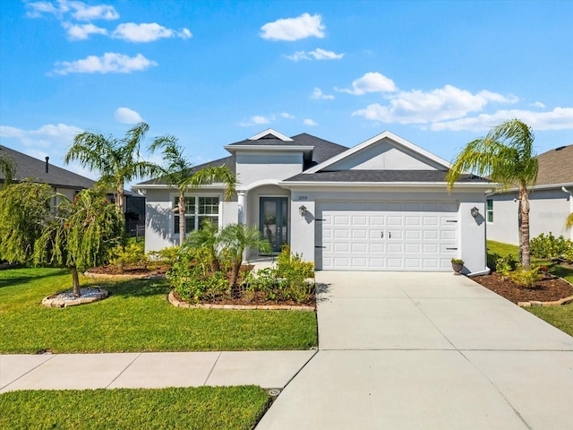 single story home featuring driveway, a front lawn, an attached garage, and stucco siding