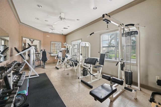 workout area featuring crown molding and ceiling fan