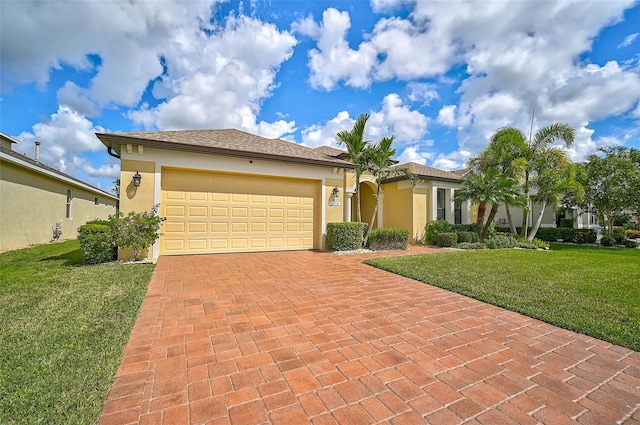 view of front of home featuring a front yard and a garage