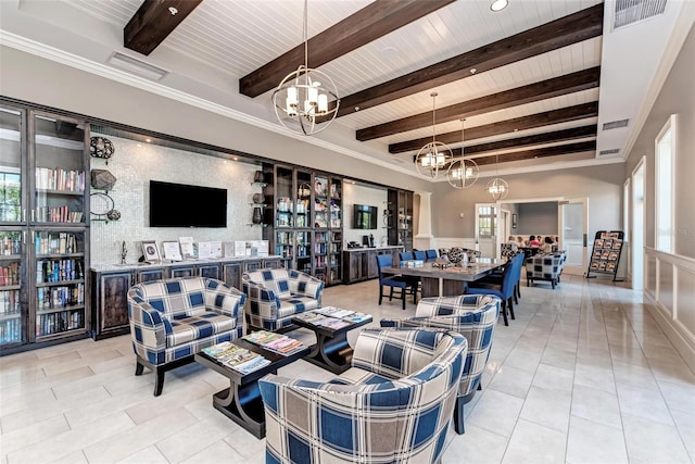 living room with wood ceiling, a notable chandelier, beam ceiling, and light tile patterned flooring