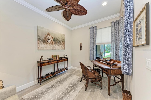 office featuring hardwood / wood-style flooring, ornamental molding, and ceiling fan