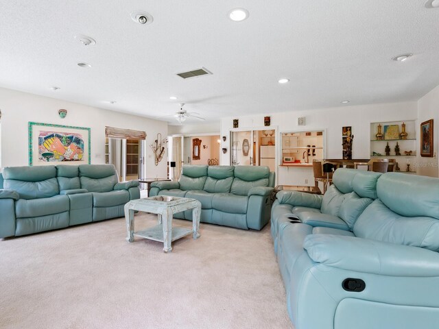 carpeted living room with a textured ceiling