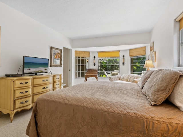 carpeted bedroom with a textured ceiling