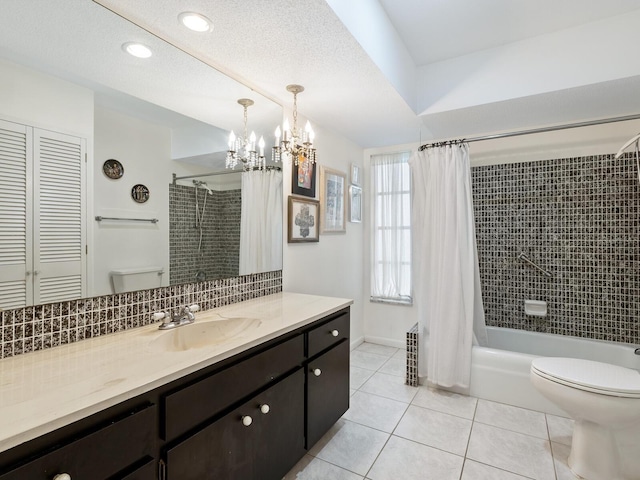 full bathroom with decorative backsplash, vanity, toilet, shower / bath combo, and tile patterned floors