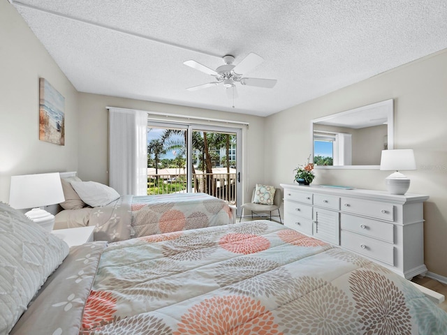 bedroom featuring a textured ceiling, access to exterior, and ceiling fan