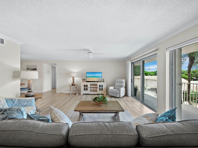 living room with a textured ceiling, light hardwood / wood-style flooring, and ceiling fan