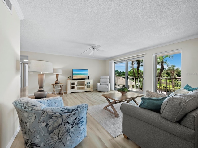 living room with ceiling fan, light hardwood / wood-style floors, and a textured ceiling