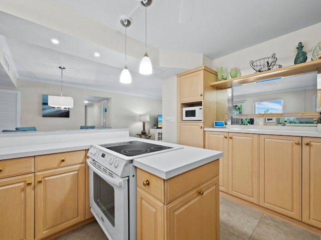 kitchen featuring crown molding, white appliances, light tile patterned flooring, hanging light fixtures, and light brown cabinets