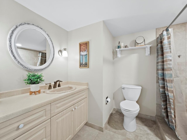 bathroom featuring vanity, toilet, a shower with curtain, and tile patterned floors