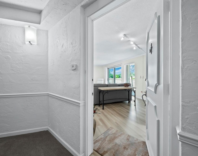 hallway featuring a textured ceiling and light hardwood / wood-style flooring