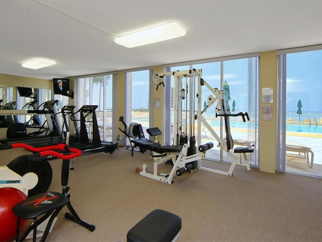 workout area with a wall of windows, plenty of natural light, a water view, and carpet floors