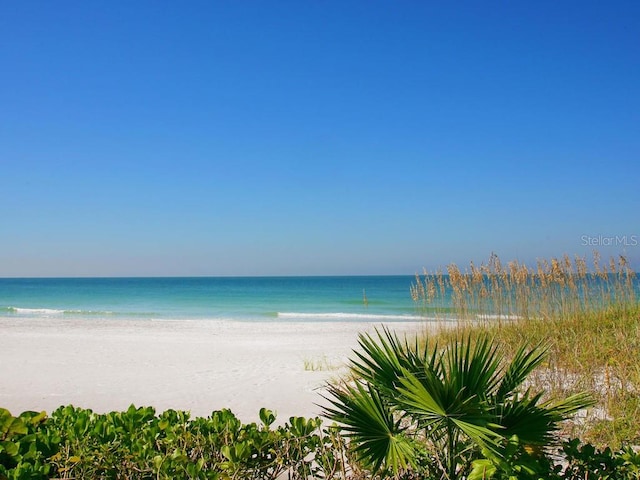 view of water feature with a beach view