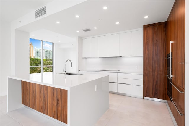 kitchen with sink, an island with sink, and white cabinets