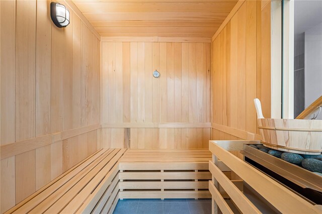 view of sauna featuring tile patterned floors