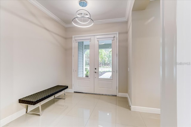 entryway with light tile patterned floors, a chandelier, crown molding, and french doors