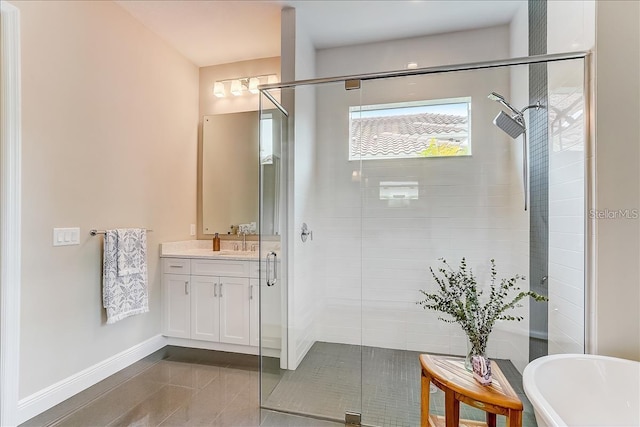 bathroom with vanity, separate shower and tub, and tile patterned floors