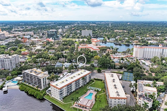 aerial view featuring a water view