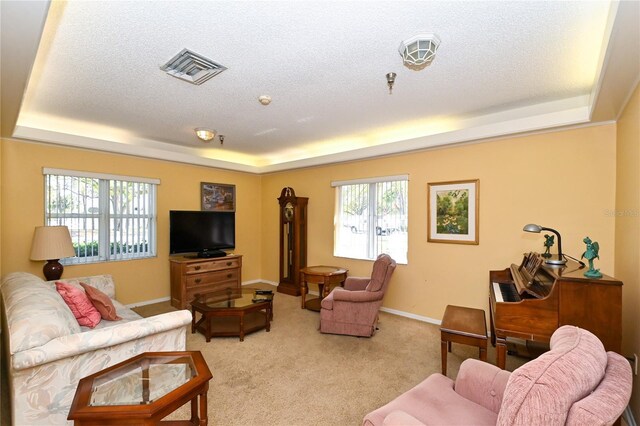 carpeted living room with a textured ceiling, a tray ceiling, and a wealth of natural light