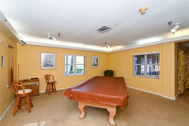 rec room featuring carpet, a textured ceiling, and billiards