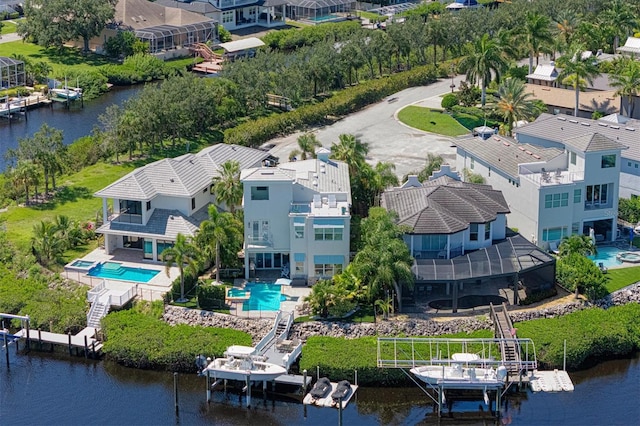 drone / aerial view featuring a water view