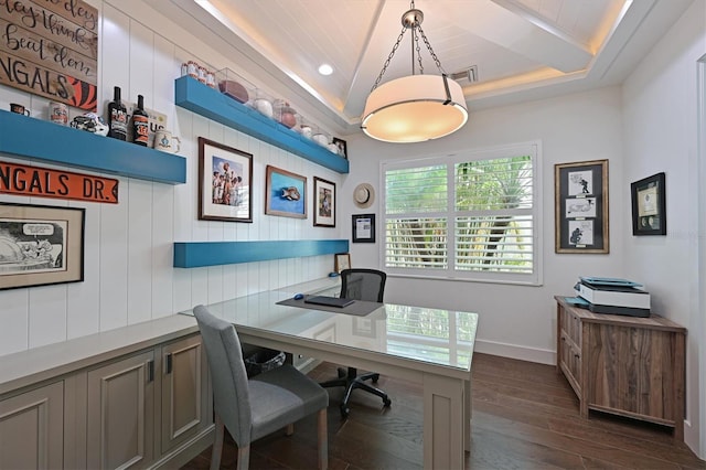 home office with dark wood-type flooring