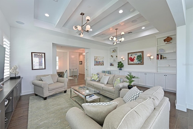 living room with a tray ceiling, dark hardwood / wood-style floors, built in features, a notable chandelier, and beam ceiling