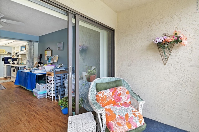 exterior space featuring ceiling fan