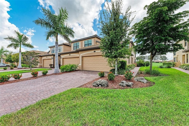 mediterranean / spanish-style home with a front lawn and a garage