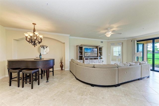 tiled living room featuring crown molding and ceiling fan with notable chandelier