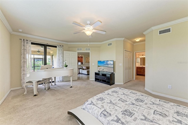 bedroom featuring a closet, ceiling fan, and light carpet