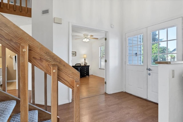 entrance foyer featuring ceiling fan and wood-type flooring