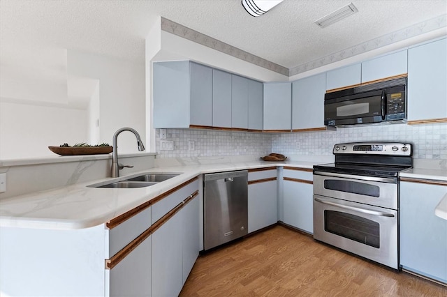 kitchen featuring visible vents, a sink, stainless steel appliances, light wood-style floors, and backsplash